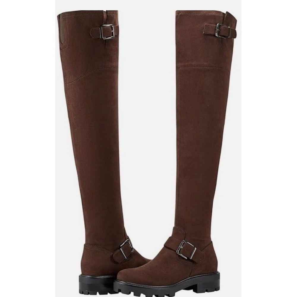 Marc Fisher LTD Ganven Brown Faux Leather Over The Knee Lug Sole Buckle Boot 8